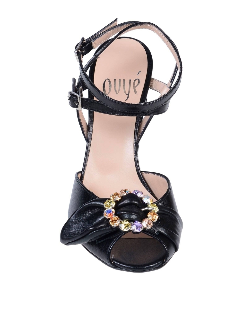 OVVÉ Black Knot Front Ankle-Strap Sandals with Crystal Ring